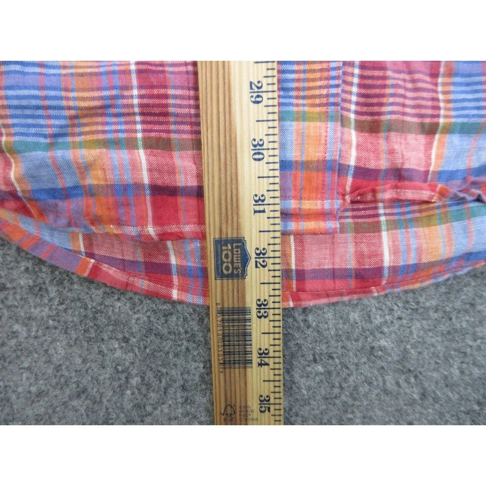 Orvis Shirt Mens Medium Red Plaid Linen Madras Button Up Casual Lightweight